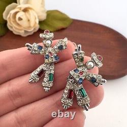 VINTAGE 1940s CORO PAT ARTICULATED RHINESTONE MAN CLOWN DUET PIN BROOCHES