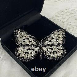 VINTAGE 80s Monty Don Butterfly Brooch Large Black & Clear Rhinestones RARE