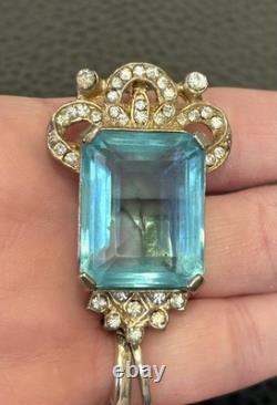 VINTAGE ART DECO FAUX AQUAMARINE Rhinestone DRESS CLIP BROOCH Pin COMBO HIGH END