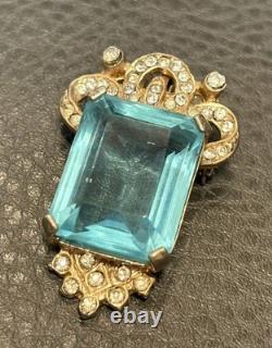 VINTAGE ART DECO FAUX AQUAMARINE Rhinestone DRESS CLIP BROOCH Pin COMBO HIGH END