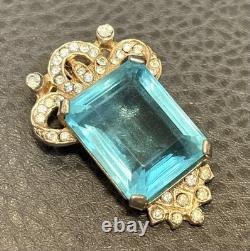 VINTAGE ART DECO FAUX AQUAMARINE Rhinestone DRESS CLIP BROOCH Pin COMBO HIGH END