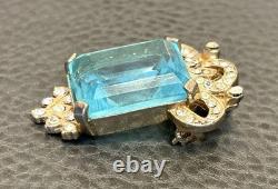 VINTAGE ART DECO FAUX AQUAMARINE Rhinestone DRESS CLIP BROOCH Pin COMBO HIGH END