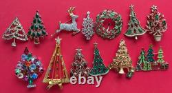 VINTAGE CHRISTMAS TREE BROOCH PIN LOT M BOOK PIECE SWAROVSKI TRIFARI LIA MCM 13p