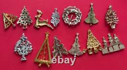 VINTAGE CHRISTMAS TREE BROOCH PIN LOT M BOOK PIECE SWAROVSKI TRIFARI LIA MCM 13p