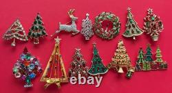 VINTAGE CHRISTMAS TREE BROOCH PIN LOT M BOOK PIECE SWAROVSKI TRIFARI LIA MCM 13p