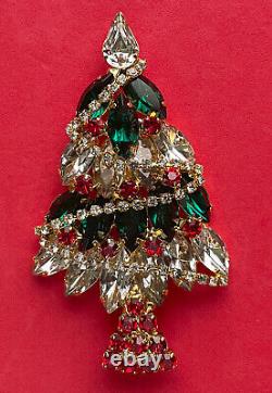 VINTAGE CHRISTMAS TREE PIN BROOCH VASARI RHINESTONE GARLAND GOLD SIGNED RARE 80s