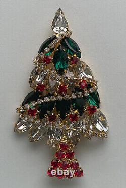 VINTAGE CHRISTMAS TREE PIN BROOCH VASARI RHINESTONE GARLAND GOLD SIGNED RARE 80s