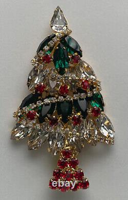 VINTAGE CHRISTMAS TREE PIN BROOCH VASARI RHINESTONE GARLAND GOLD SIGNED RARE 80s