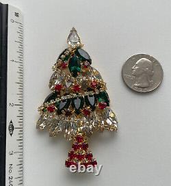 VINTAGE CHRISTMAS TREE PIN BROOCH VASARI RHINESTONE GARLAND GOLD SIGNED RARE 80s