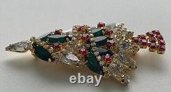 VINTAGE CHRISTMAS TREE PIN BROOCH VASARI RHINESTONE GARLAND GOLD SIGNED RARE 80s