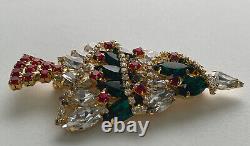 VINTAGE CHRISTMAS TREE PIN BROOCH VASARI RHINESTONE GARLAND GOLD SIGNED RARE 80s