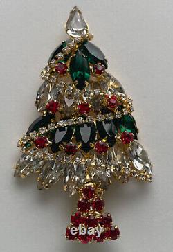 VINTAGE CHRISTMAS TREE PIN BROOCH VASARI RHINESTONE GARLAND GOLD SIGNED RARE 80s