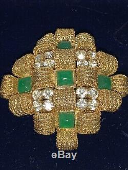 VINTAGE COUTURE CHRISTIAN DIOR GOLD PLATE Jade And Rhinestone BROOCH 1968