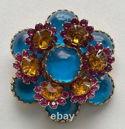 VINTAGE DEMARIO BROOCH PIN FLOWER BLUE GLASS CABOCHON PINK RHINESTONES MCM 1950s