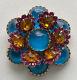 VINTAGE DEMARIO BROOCH PIN FLOWER BLUE GLASS CABOCHON PINK RHINESTONES MCM 1950s