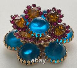 VINTAGE DEMARIO BROOCH PIN FLOWER BLUE GLASS CABOCHON PINK RHINESTONES MCM 1950s