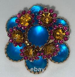 VINTAGE DEMARIO BROOCH PIN FLOWER BLUE GLASS CABOCHON PINK RHINESTONES MCM 1950s