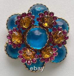 VINTAGE DEMARIO BROOCH PIN FLOWER BLUE GLASS CABOCHON PINK RHINESTONES MCM 1950s