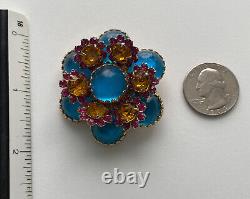 VINTAGE DEMARIO BROOCH PIN FLOWER BLUE GLASS CABOCHON PINK RHINESTONES MCM 1950s