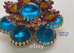 VINTAGE DEMARIO BROOCH PIN FLOWER BLUE GLASS CABOCHON PINK RHINESTONES MCM 1950s