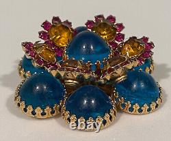 VINTAGE DEMARIO BROOCH PIN FLOWER BLUE GLASS CABOCHON PINK RHINESTONES MCM 1950s