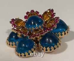 VINTAGE DEMARIO BROOCH PIN FLOWER BLUE GLASS CABOCHON PINK RHINESTONES MCM 1950s