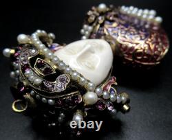 VINTAGE ITALY Signed Rhinestone Faux Pearl Carved Face Figural Vintage Brooch