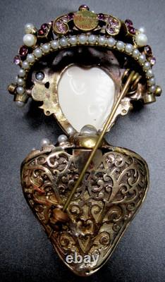 VINTAGE ITALY Signed Rhinestone Faux Pearl Carved Face Figural Vintage Brooch