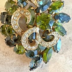 VINTAGE JULIANA DELIZZA ELSTER GREEN RHINESTONE FLOWER BROOCH 2 1/2 x 2