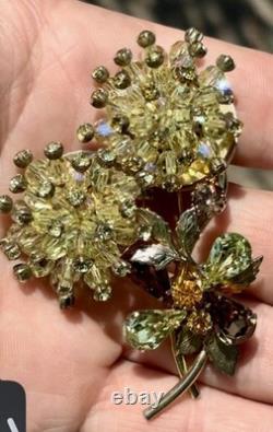 VINTAGE VENDOME Amber RHINESTONE FLOWER PIN Chunky  Rare Dangle & Set (Large)