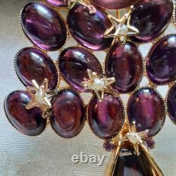 VINTAGE XLARGE AMETHYST RHINESTONE CHRISTMAS TREE BROOCH with3-D STARS