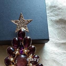 VINTAGE XLARGE AMETHYST RHINESTONE CHRISTMAS TREE BROOCH with3-D STARS