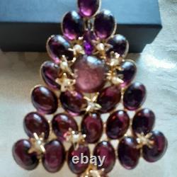 VINTAGE XLARGE AMETHYST RHINESTONE CHRISTMAS TREE BROOCH with3-D STARS