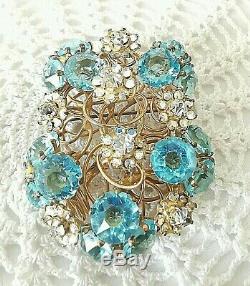 VOGUE NYC GILT STERLING 1940's Vintage BroochBlue & Ice Clear Paste Rhinestones