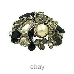 VOGUE Rhinestone Pin Brooch Domed Chain Accents Silver Tone Signed Vintage