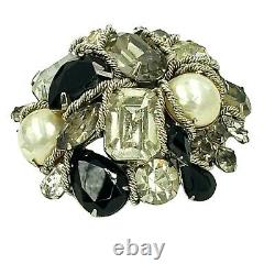 VOGUE Rhinestone Pin Brooch Domed Chain Accents Silver Tone Signed Vintage