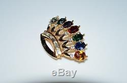 VTG 1940s CROWN TRIFARI Pat Pend Multi-Color Rhinestone Gold Tone Crown Brooch