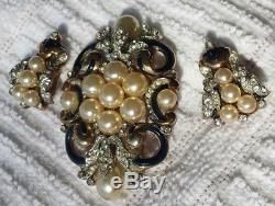 VTG 1940s EMPRESS EUGENIE TRIFARI Rhinestone Brooch Earrings with paper and box