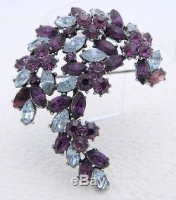 VTG 1961 CROWN TRIFARI Silver Blue Purple Rhinestone Leaf Flower Pin Brooch
