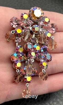 VTG AB Aurora Borealis Rhinestone Chandelier Dangle Cha Cha Brooch Pink Crystal