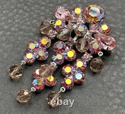 VTG AB Aurora Borealis Rhinestone Chandelier Dangle Cha Cha Brooch Pink Crystal