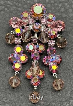 VTG AB Aurora Borealis Rhinestone Chandelier Dangle Cha Cha Brooch Pink Crystal