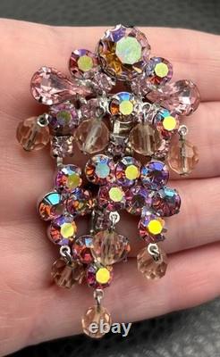 VTG AB Aurora Borealis Rhinestone Chandelier Dangle Cha Cha Brooch Pink Crystal