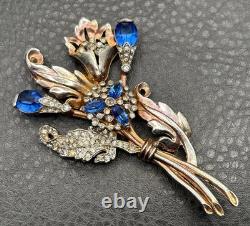 VTG Art Deco Blue Faux Sapphire Rhinestone Crystal Flower Spray Brooch Pin READ