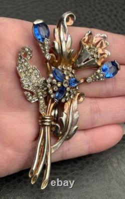 VTG Art Deco Blue Faux Sapphire Rhinestone Crystal Flower Spray Brooch Pin READ