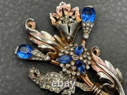 VTG Art Deco Blue Faux Sapphire Rhinestone Crystal Flower Spray Brooch Pin READ