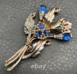 VTG Art Deco Blue Faux Sapphire Rhinestone Crystal Flower Spray Brooch Pin READ