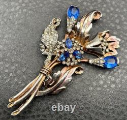 VTG Art Deco Blue Faux Sapphire Rhinestone Crystal Flower Spray Brooch Pin READ