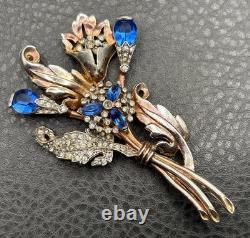 VTG Art Deco Blue Faux Sapphire Rhinestone Crystal Flower Spray Brooch Pin READ