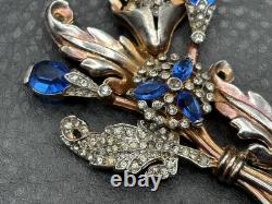 VTG Art Deco Blue Faux Sapphire Rhinestone Crystal Flower Spray Brooch Pin READ VTG Art Deco Blue Faux Sapphire Rhinestone Crystal Flower Spray Brooch Pin READ